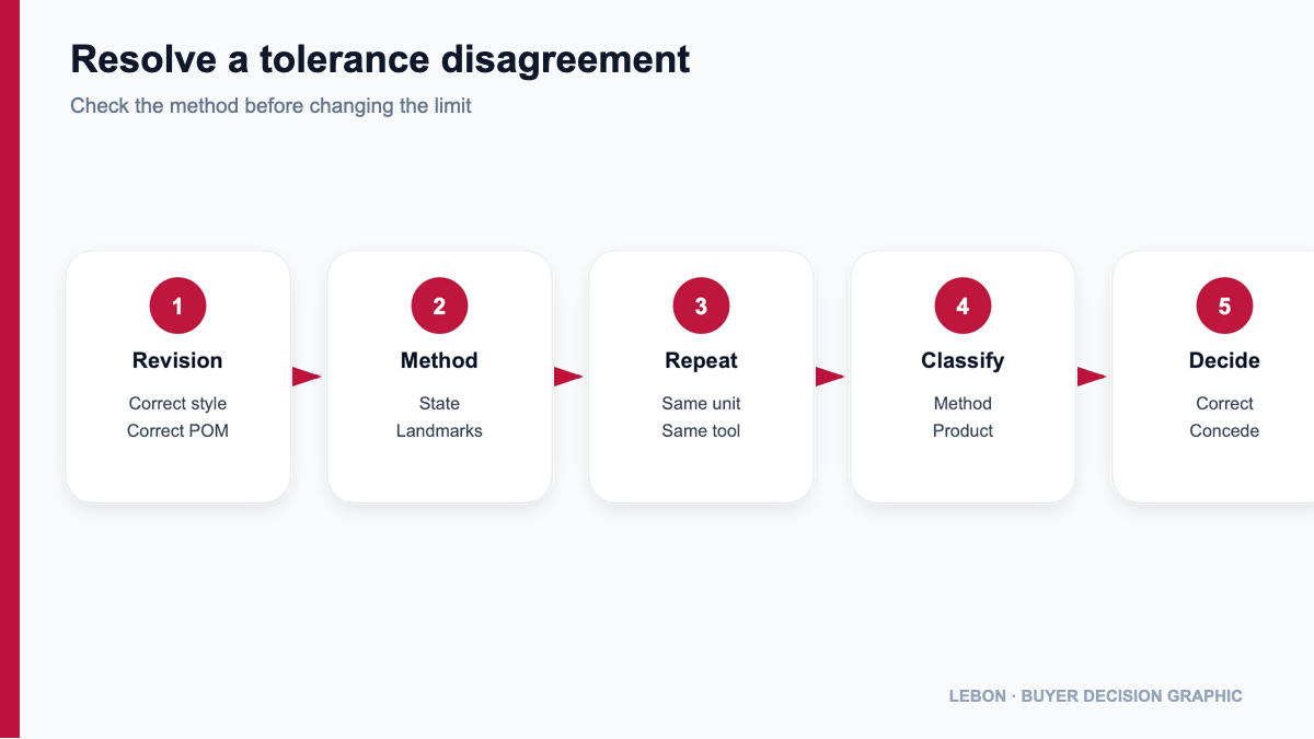 Decision flow for resolving a bag dimensional tolerance disagreement