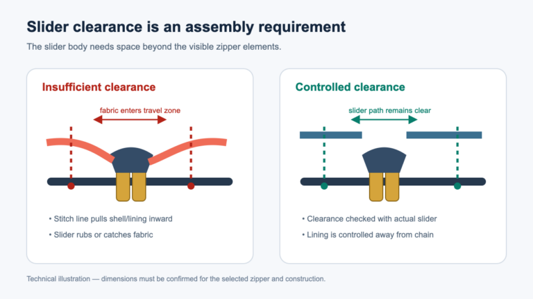 Cross-section comparing insufficient and controlled zipper slider clearance
