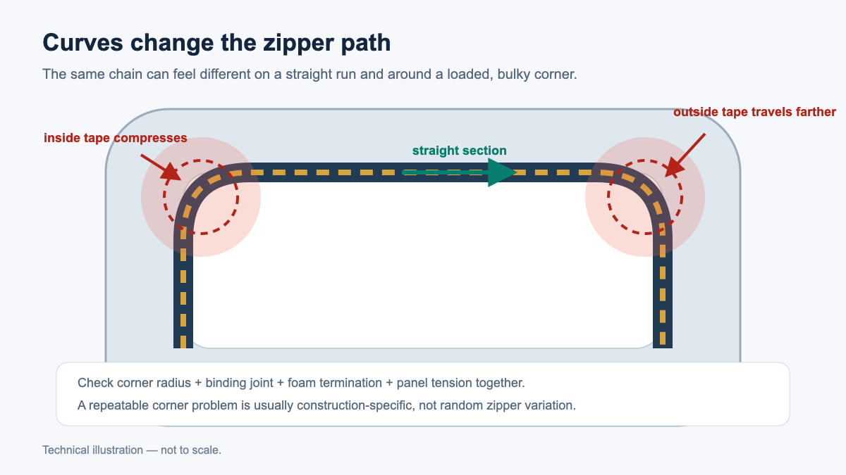 Top view of a U-shaped bag zipper opening with high-resistance corner zones