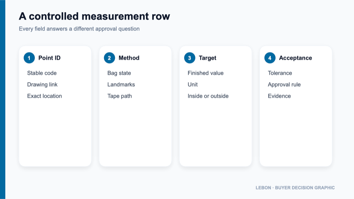 Elements of a controlled finished bag measurement row