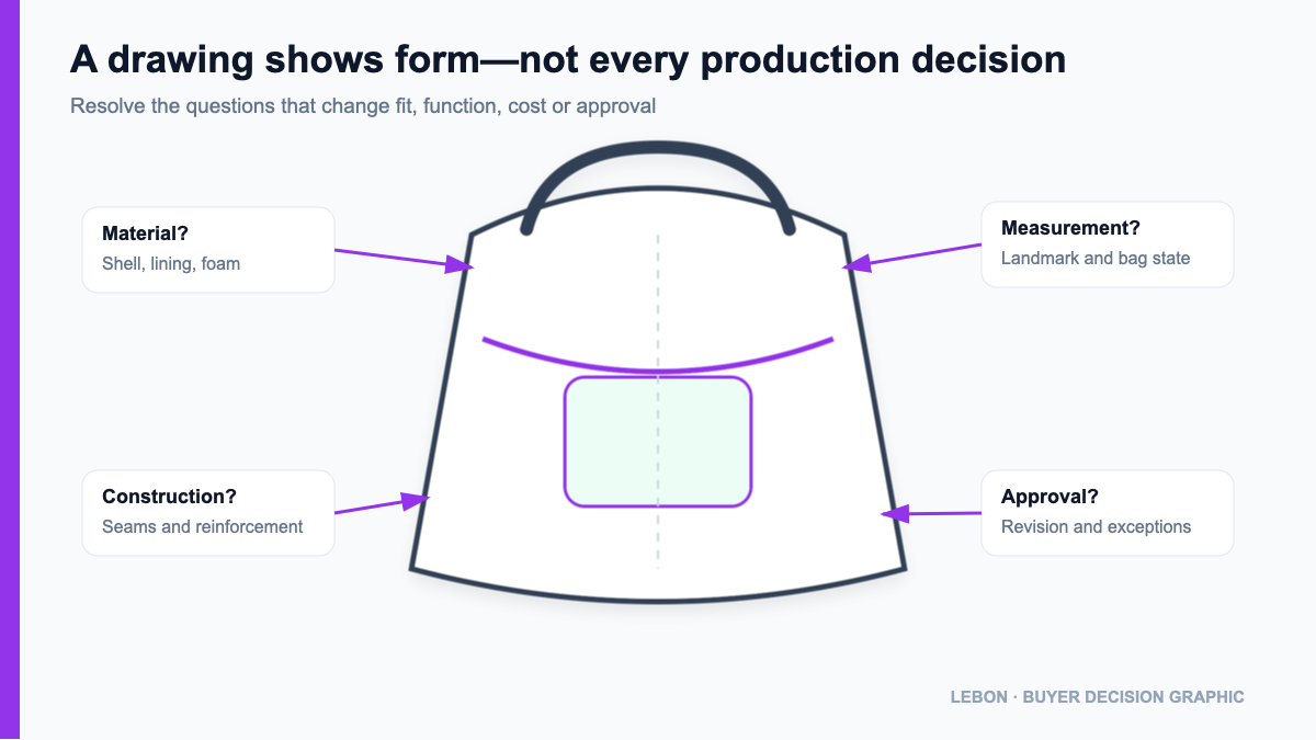 Annotated bag drawing with unresolved production specifications