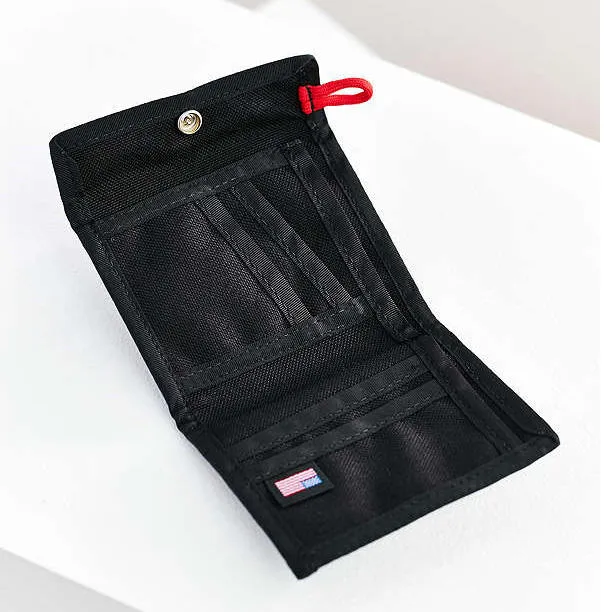 Custom Trifold Fabric Snap Wallet with Card Slots and Red Cord Loop