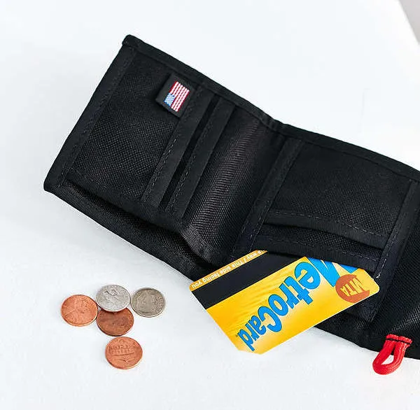 Custom Trifold Fabric Snap Wallet with Card Slots and Red Cord Loop