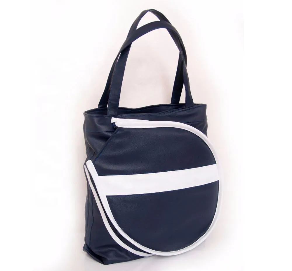 Custom Black PU Tennis Racket Tote Bag with White Stripe and Zippered Front Pocket