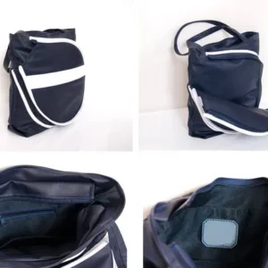 Custom Black PU Tennis Racket Tote Bag with White Stripe and Zippered Front Pocket