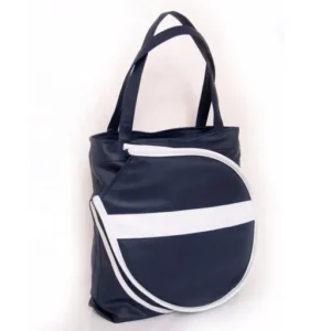 Custom Black PU Tennis Racket Tote Bag with White Stripe and Zippered Front Pocket