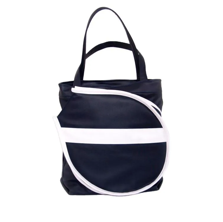 Custom Black PU Tennis Racket Tote Bag with White Stripe and Zippered Front Pocket