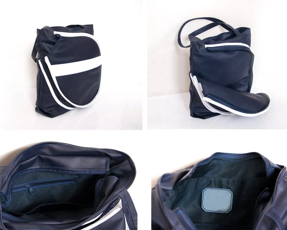Custom Black PU Tennis Racket Tote Bag with White Stripe and Zippered Front Pocket