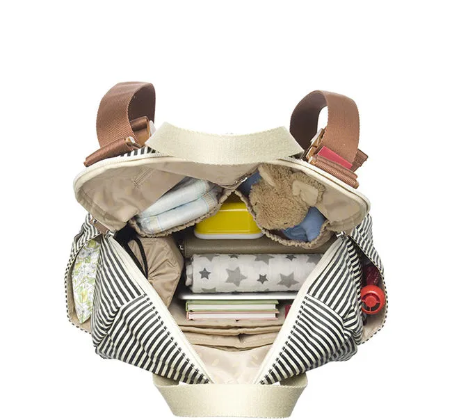 Custom Striped Coated Canvas Diaper Backpack with Changing Mat and Multiway Strap