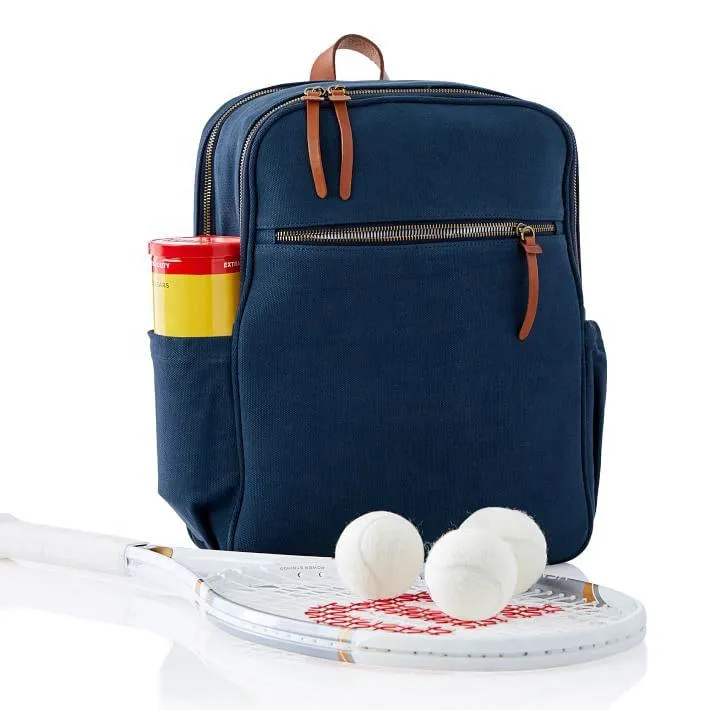 Custom Cotton Canvas Tennis Backpack with Racket Pocket and Striped Lining