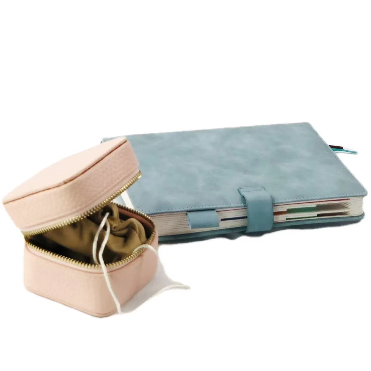 Custom Pink PU Travel Jewelry Case with Zipper and Drawstring Pouch