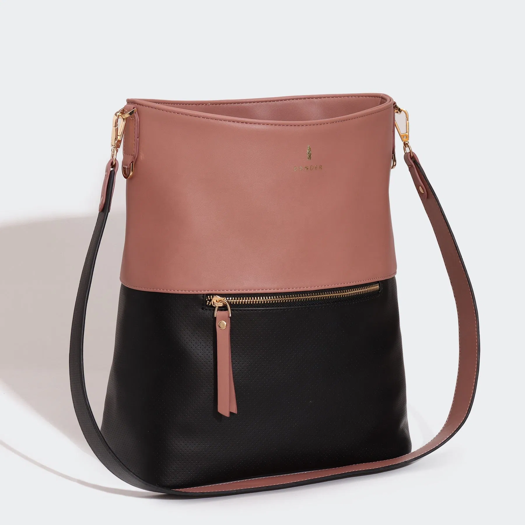 Custom Two Tone PU Bucket Shoulder Bag with Front Zipper Pocket