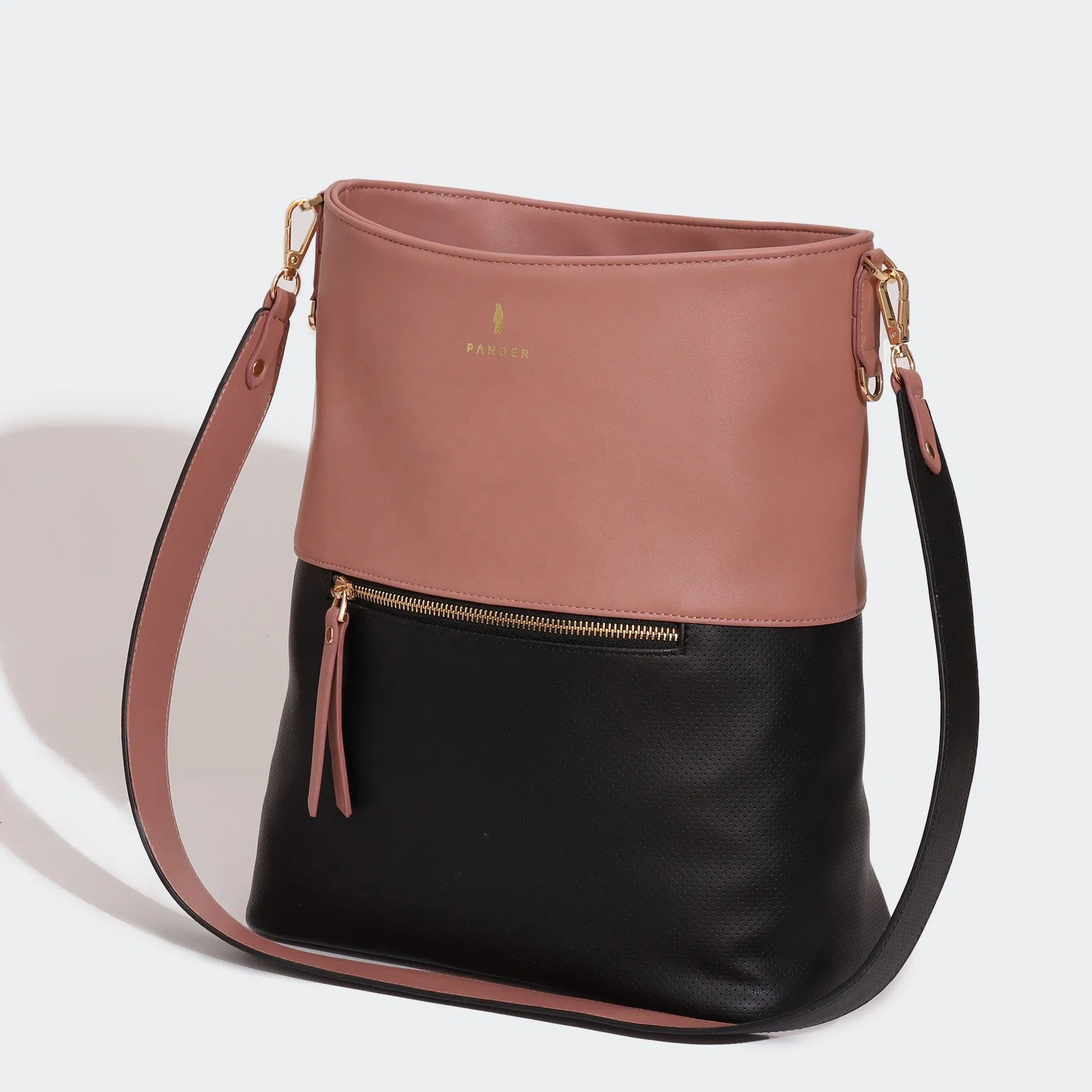 Custom Two Tone PU Bucket Shoulder Bag with Front Zipper Pocket