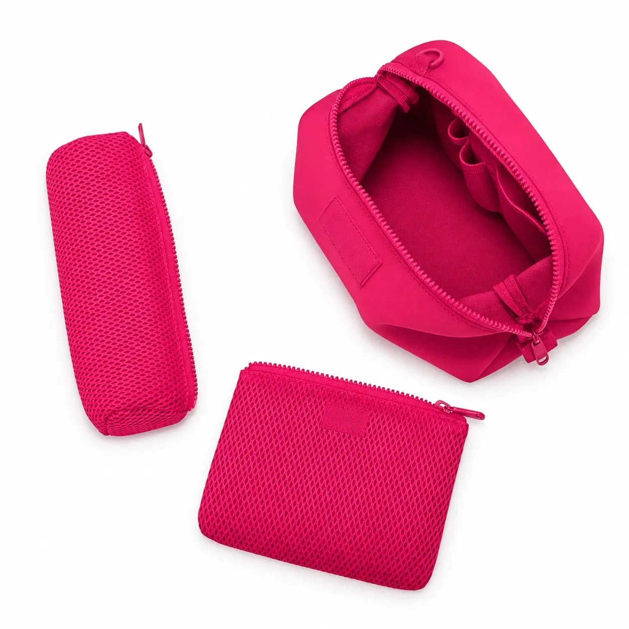 Custom Pink Neoprene Cosmetic Bag with Double Zipper and Mesh Organizers
