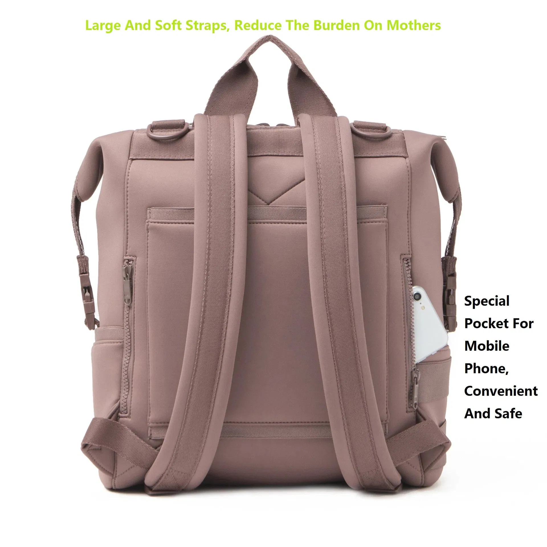 Custom Pink Neoprene Diaper Backpack with Changing Pad and Organizer Pockets