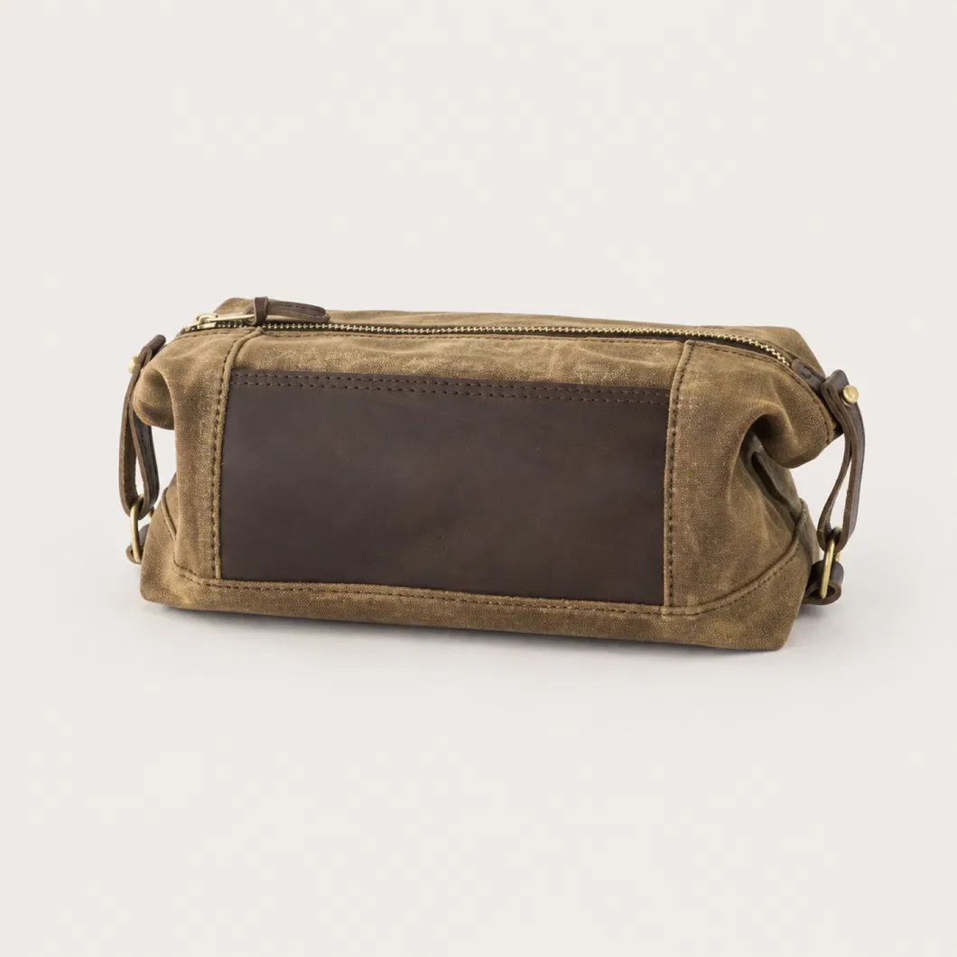 Custom Waxed Canvas Toiletry Bag with Expandable Ends and Front Pocket
