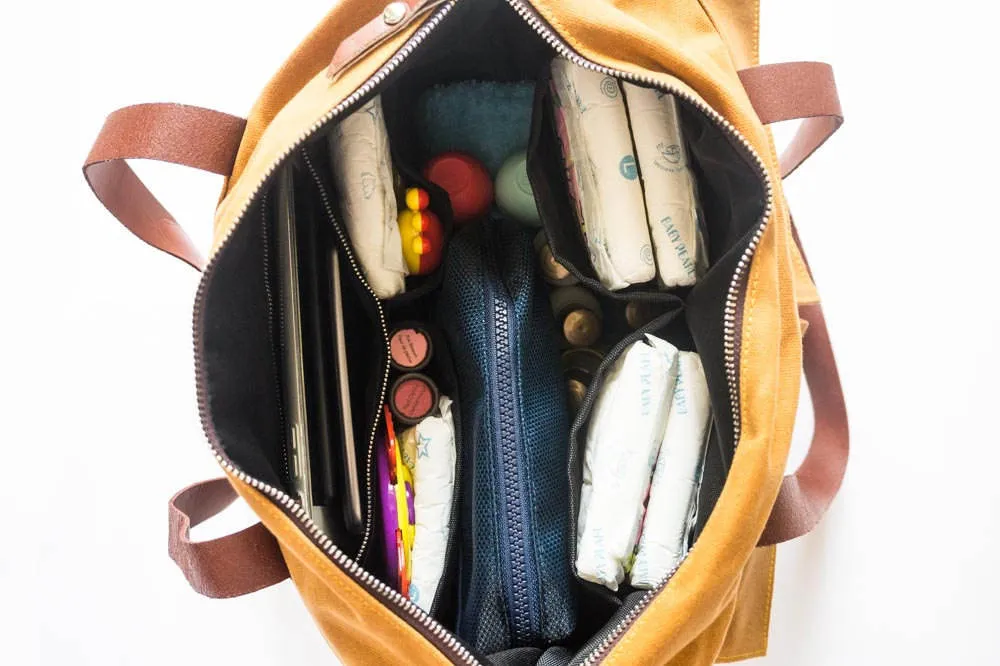 Custom Waxed Canvas Diaper Bag with Leather Handles and Bottle Pockets