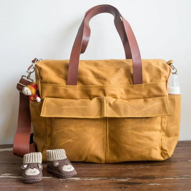 Custom Waxed Canvas Diaper Bag with Leather Handles and Bottle Pockets