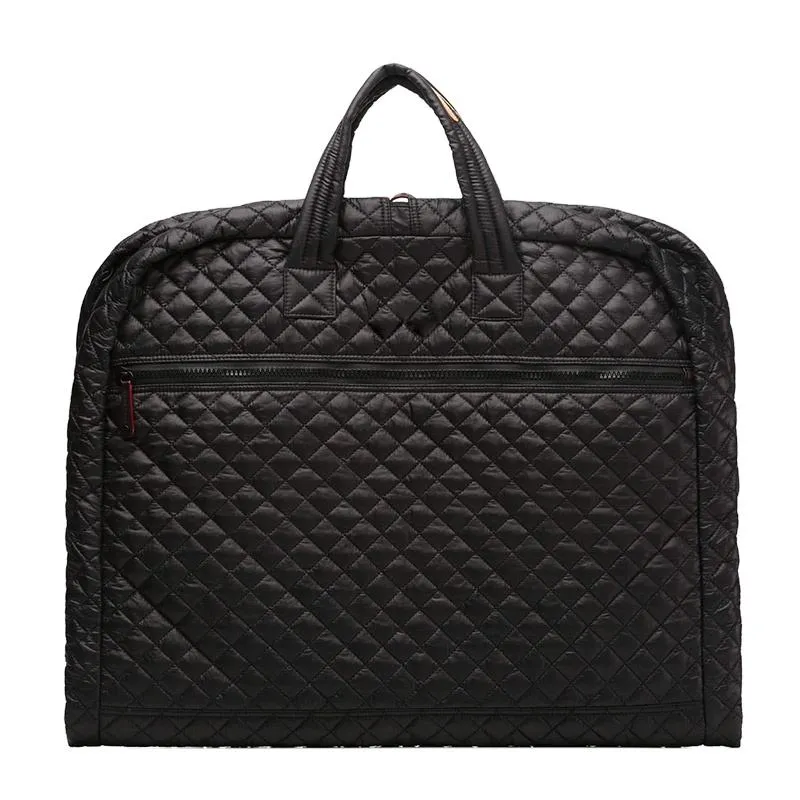 Custom Quilted Nylon Garment Bag with Foldable Handles and Front Zipper Pocket