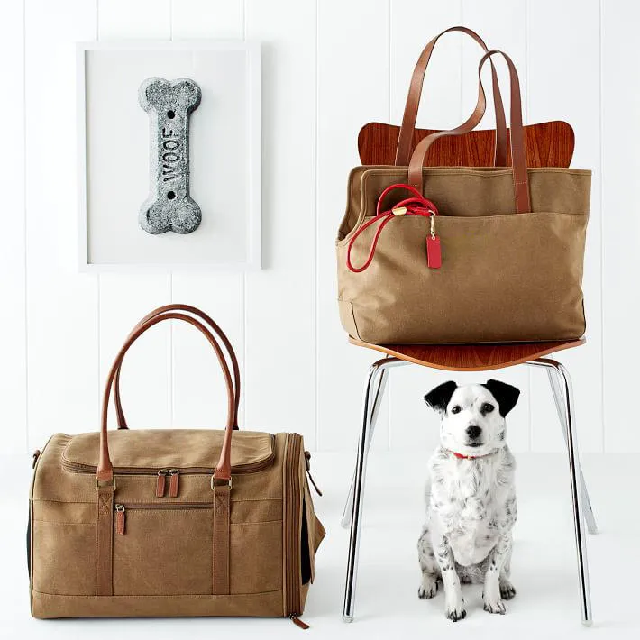 Custom Waxed Canvas Dog Carrier Tote Bag with Removable Fleece Lining