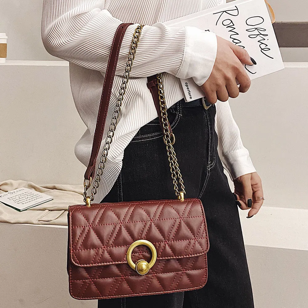 Custom Quilted PU Crossbody Bag with Chain Strap and Ring Turn-Lock