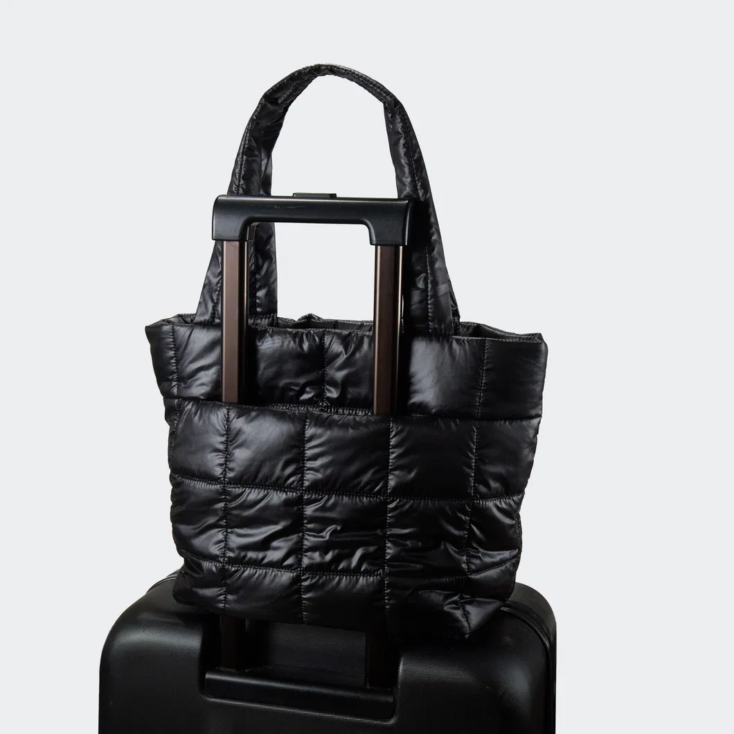 Custom Quilted Nylon Puffer Tote Bag with Trolley Sleeve and Zipper Pockets