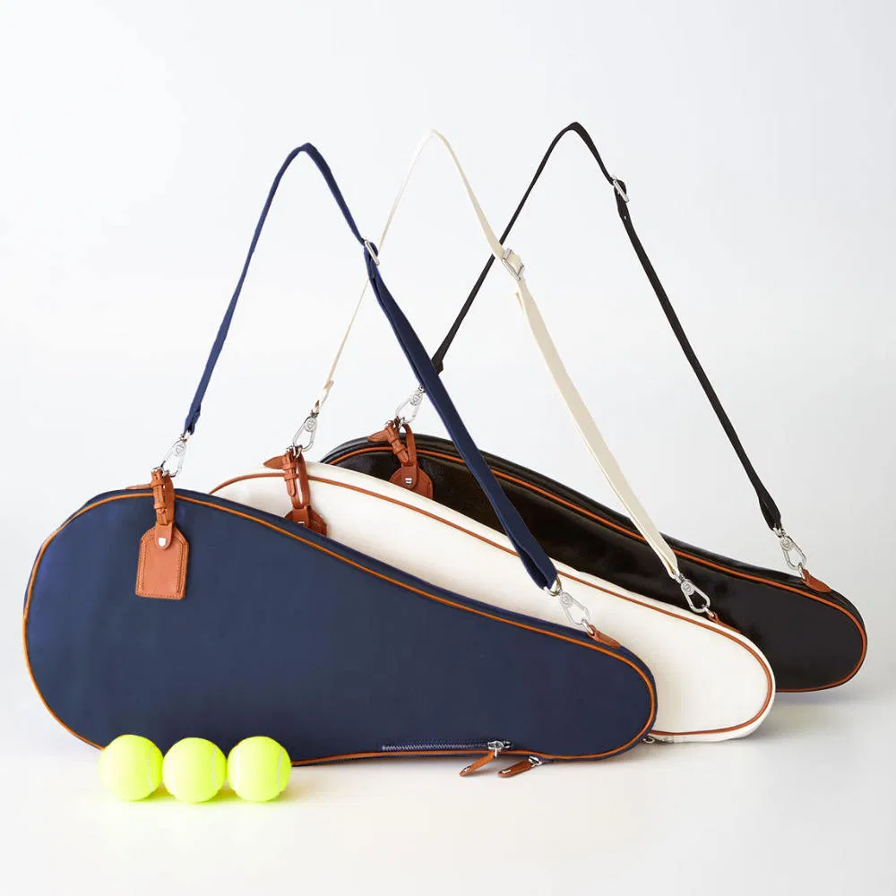 Custom Canvas Tennis Racket Cover Bag with Leather Trim and Shoulder Strap