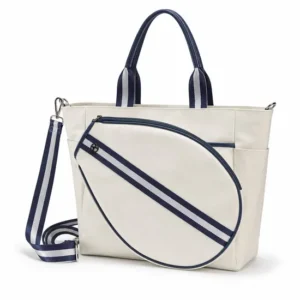 Custom Cream Tennis Tote Bag with Navy Trim and Removable Racket Pocket
