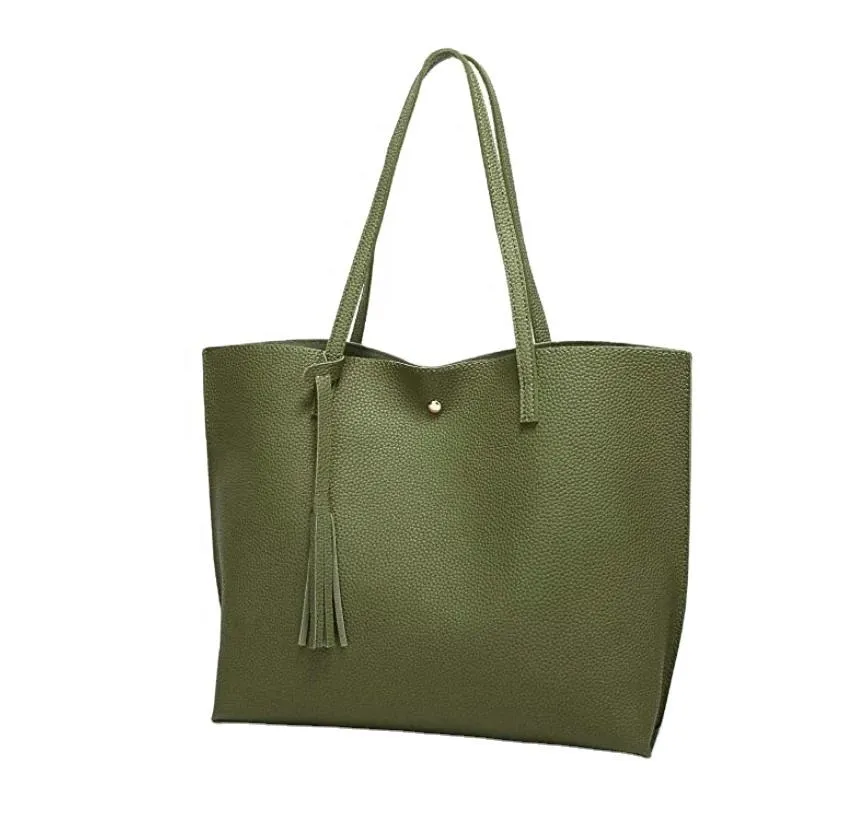 Custom PU Leather Shoulder Tote Bag with Tassel and Snap Closure