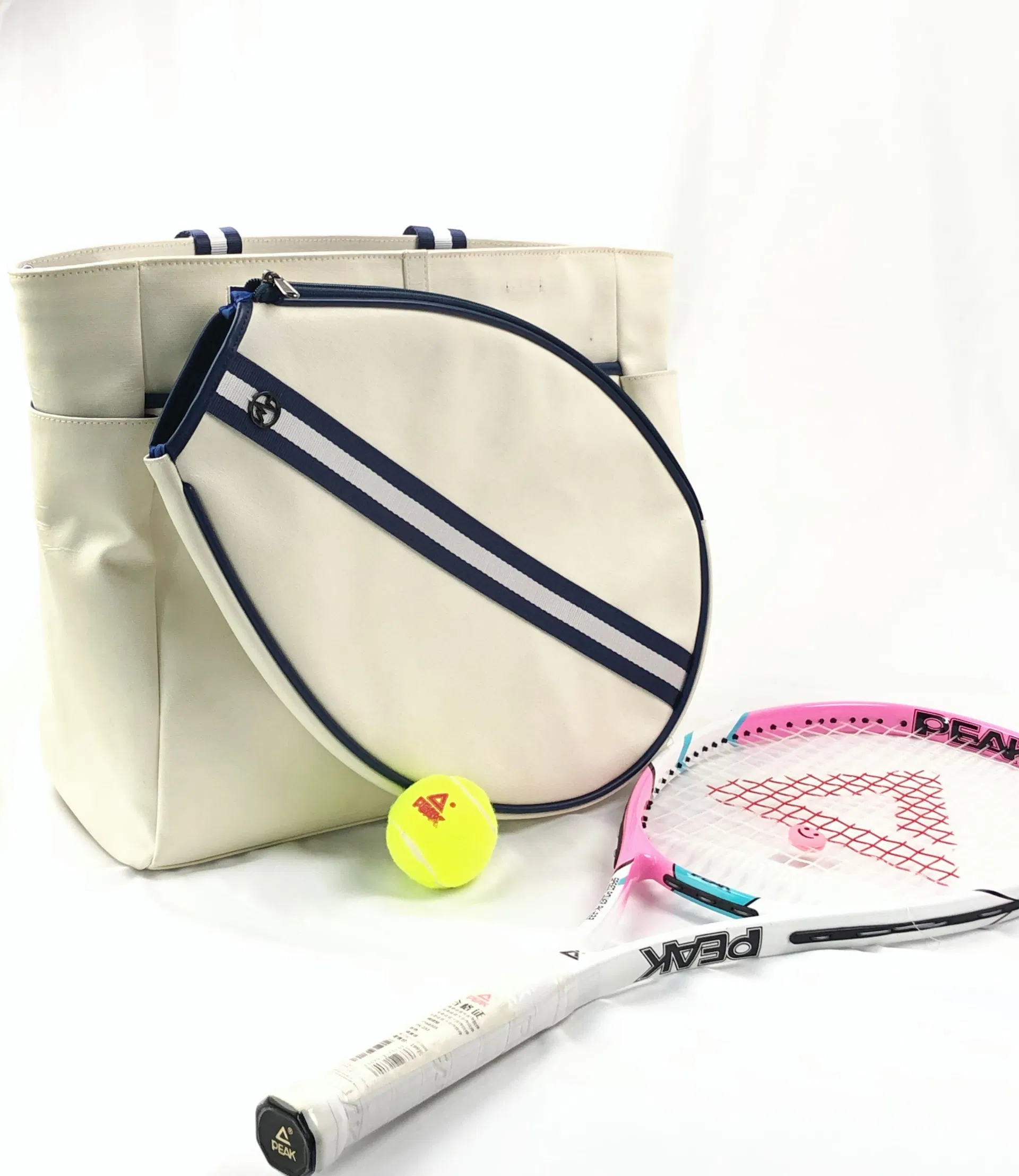 Custom Coated Canvas Tennis Tote Bag with Racket Pocket and Stripes