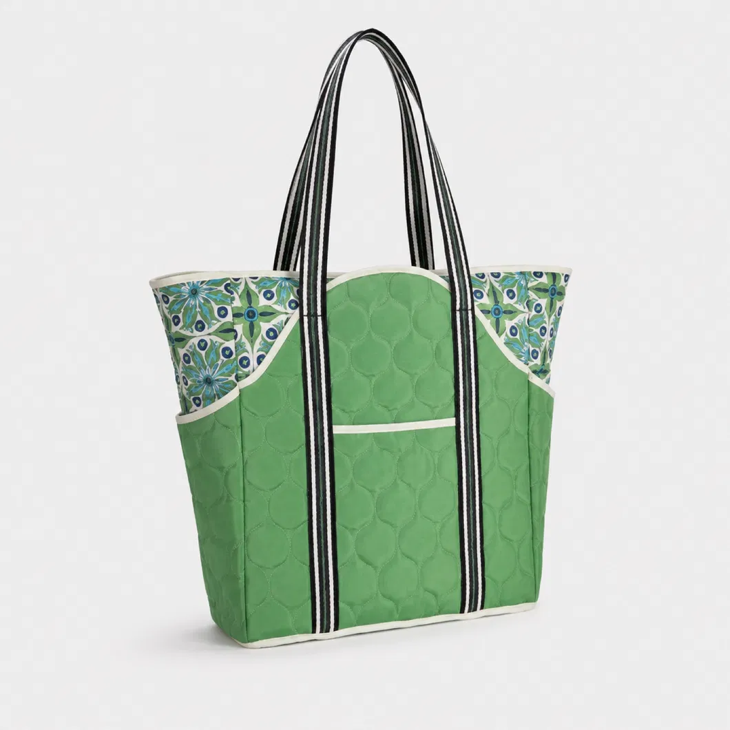Custom Quilted Nylon Tennis Tote Bag with Racket Pockets and Striped Handles