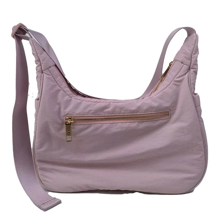 Pink Quilted Nylon Hobo Shoulder Bag with Adjustable Strap and Zipper Pockets