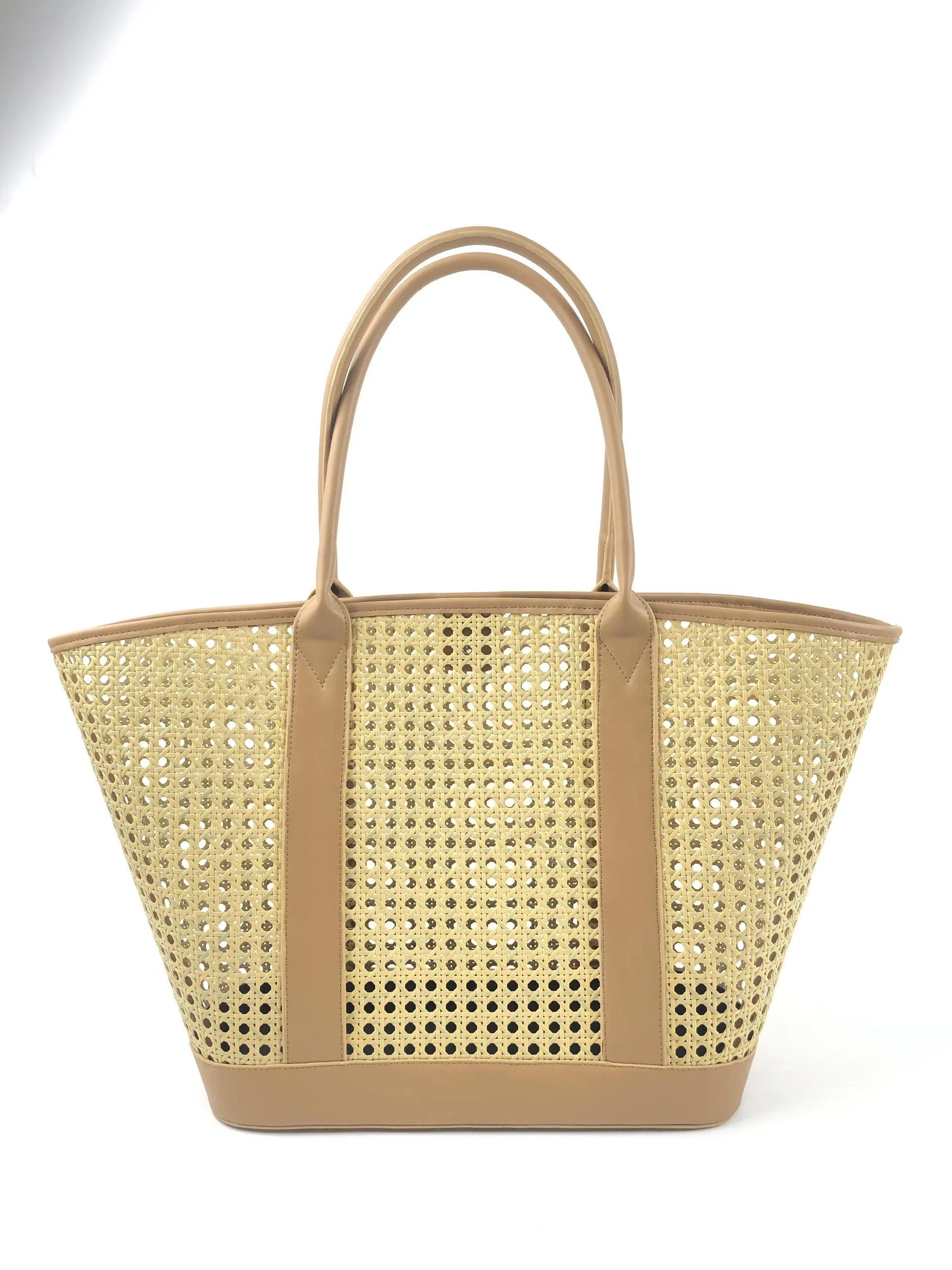 Custom Woven Rattan Style Beach Tote Bag with Camel Double Handles