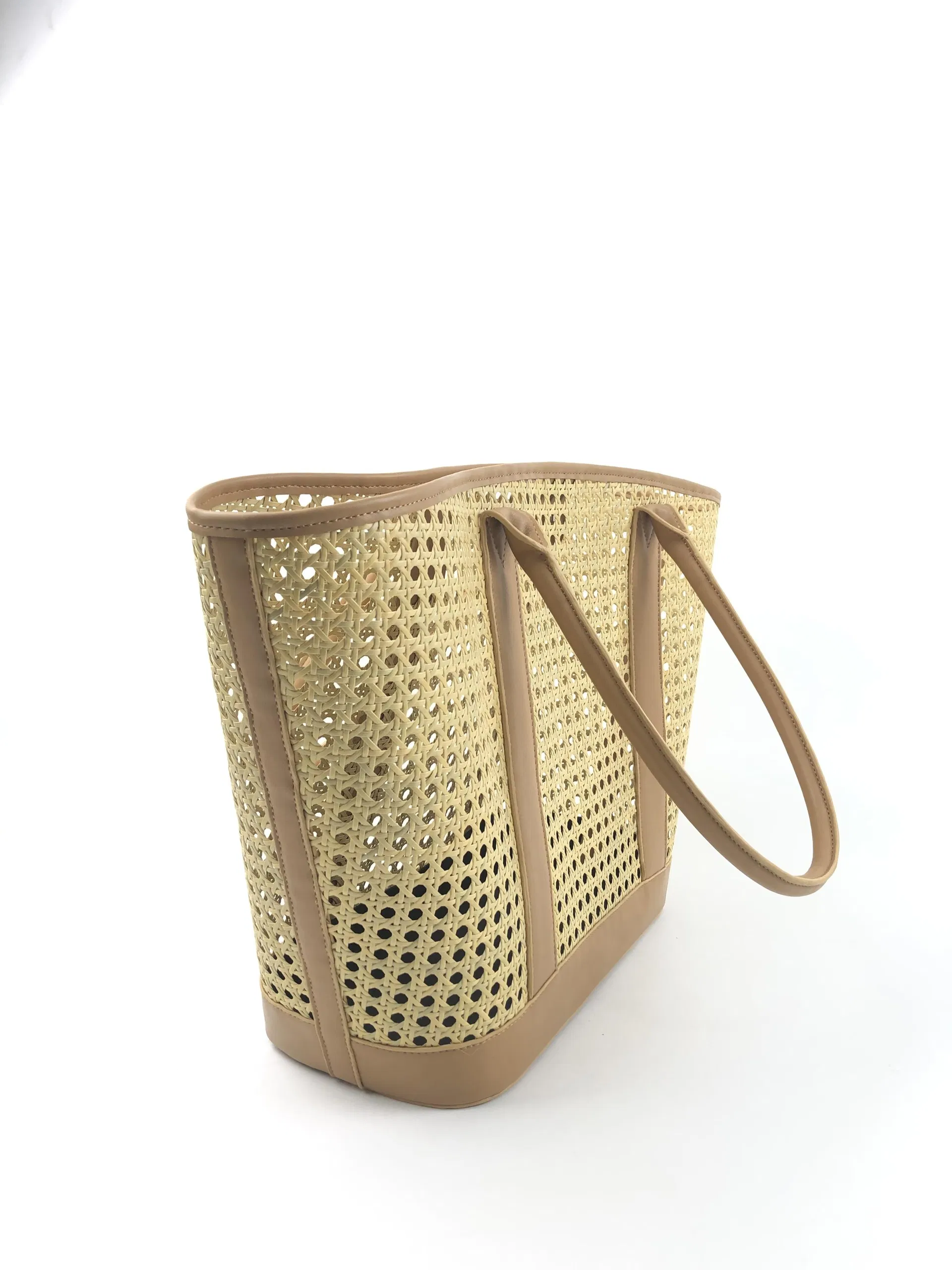 Custom Woven Rattan Style Beach Tote Bag with Camel Double Handles