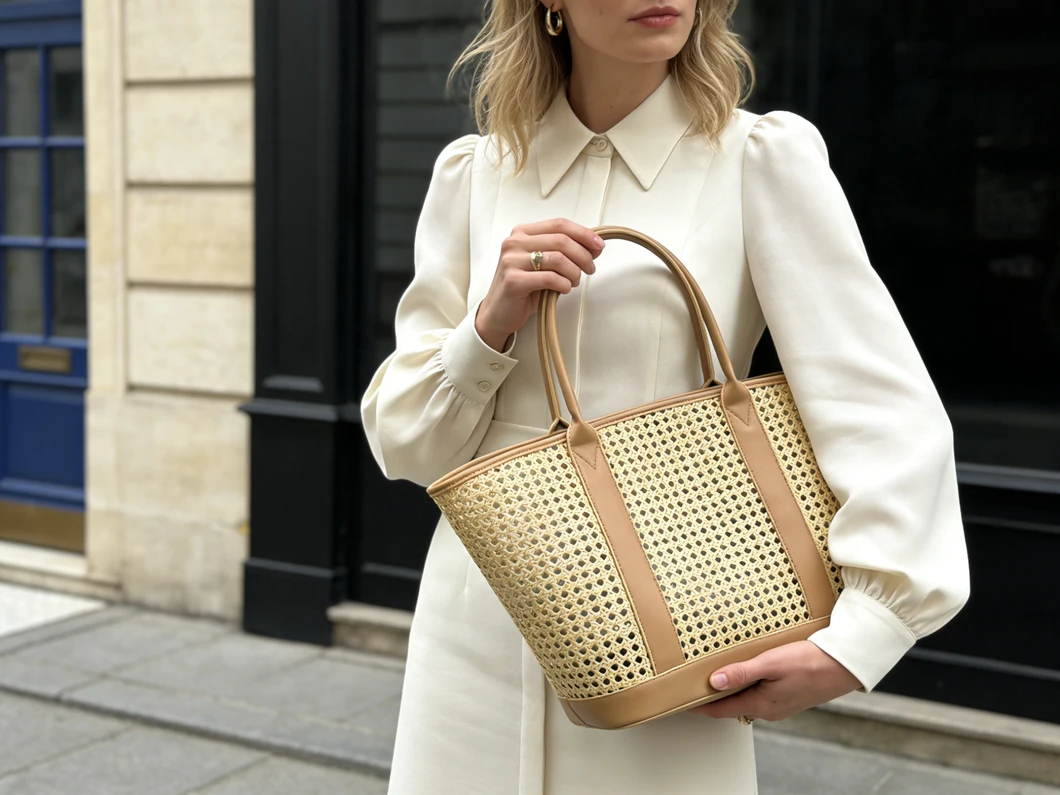 Custom Rattan-Style Woven Tote Bag with Double Handles and Contrast Trim