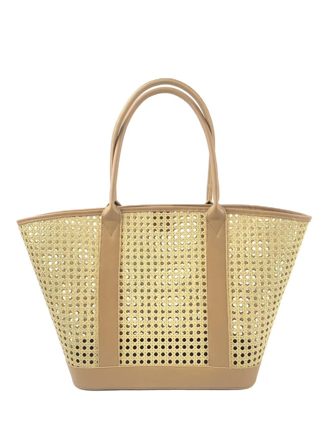 Custom Rattan-Style Woven Tote Bag with Double Handles and Contrast Trim