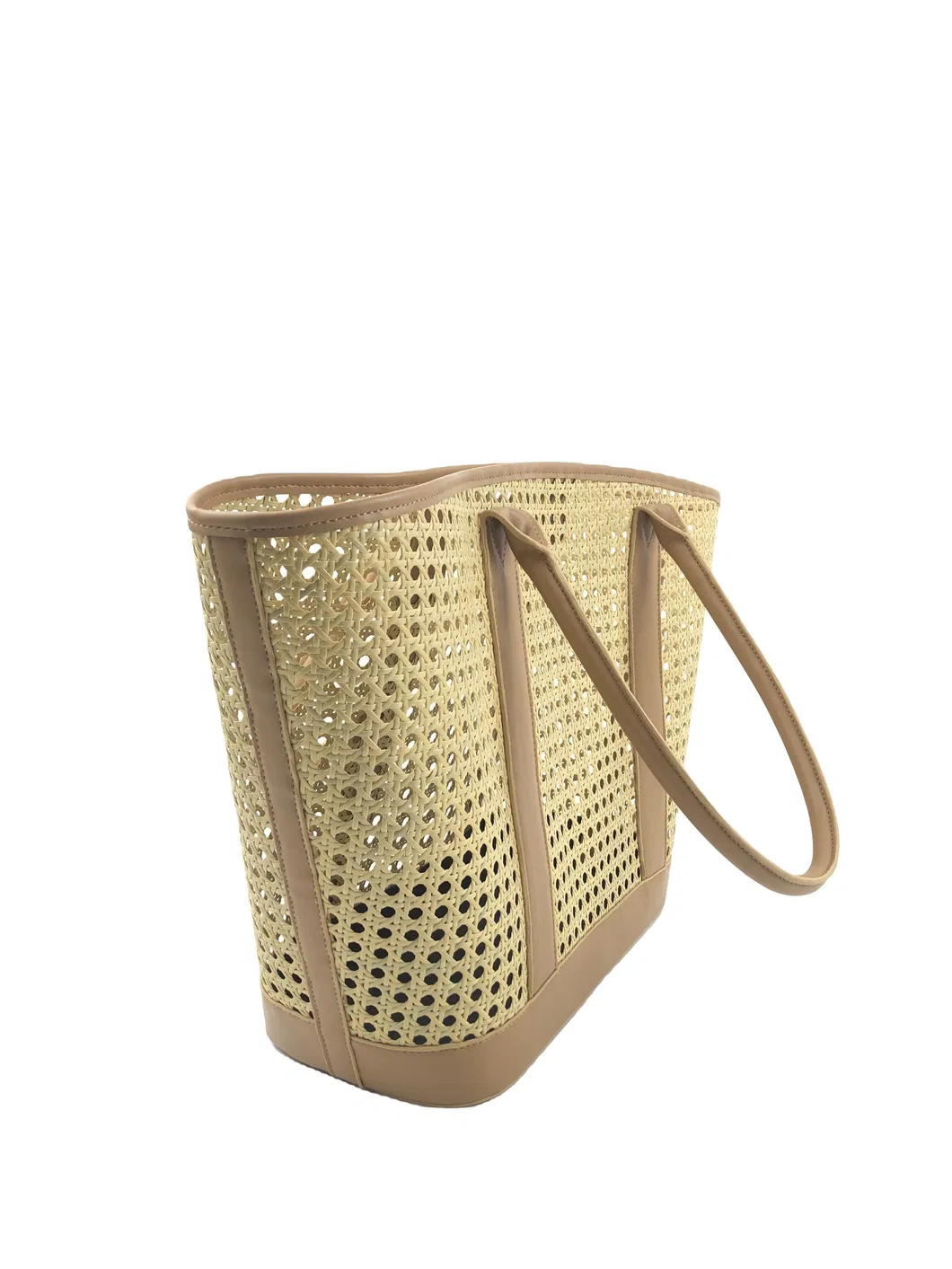 Custom Rattan-Style Woven Tote Bag with Double Handles and Contrast Trim