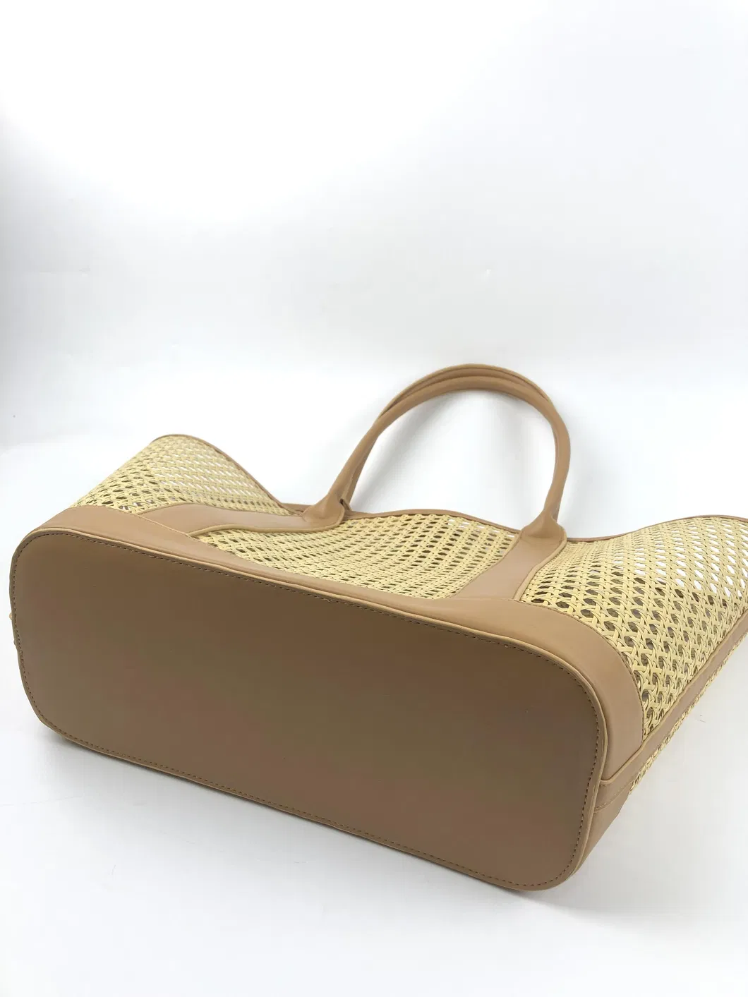 Custom Rattan-Style Woven Tote Bag with Double Handles and Contrast Trim