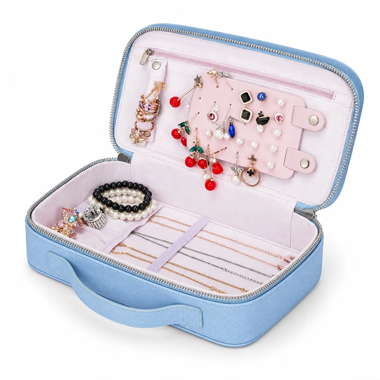 Custom Travel Jewelry Organizer Case with Handle and Necklace Holders
