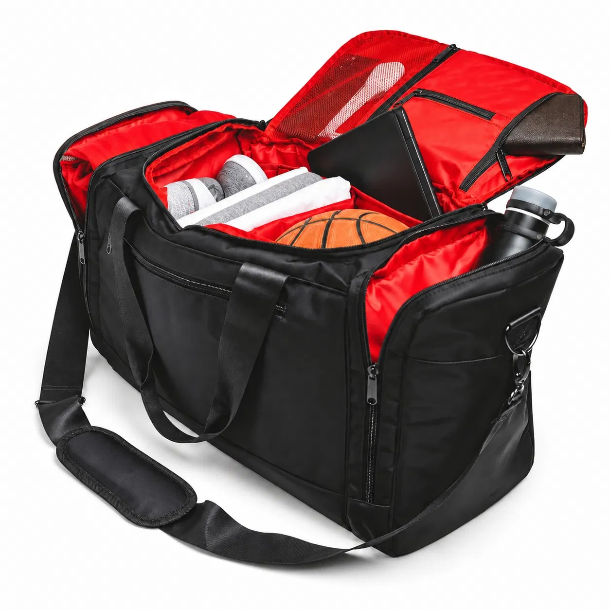 Black Sneaker Duffel Bag with Removable Dividers and Red Lining