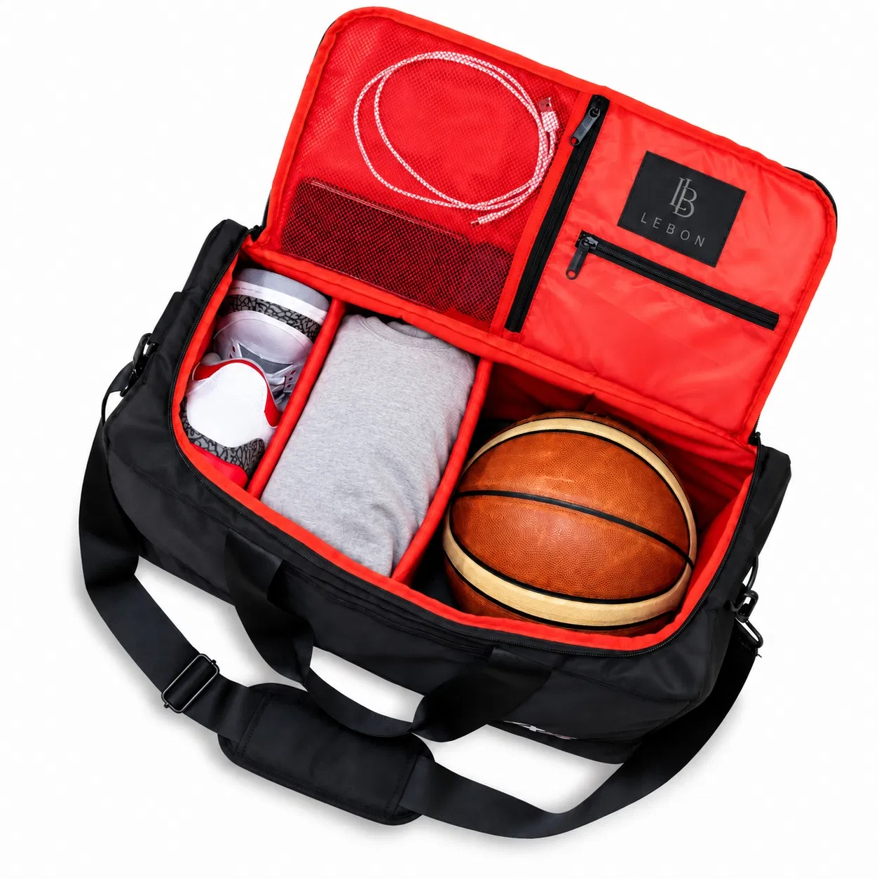 Black Sneaker Duffel Bag with Removable Dividers and Red Lining