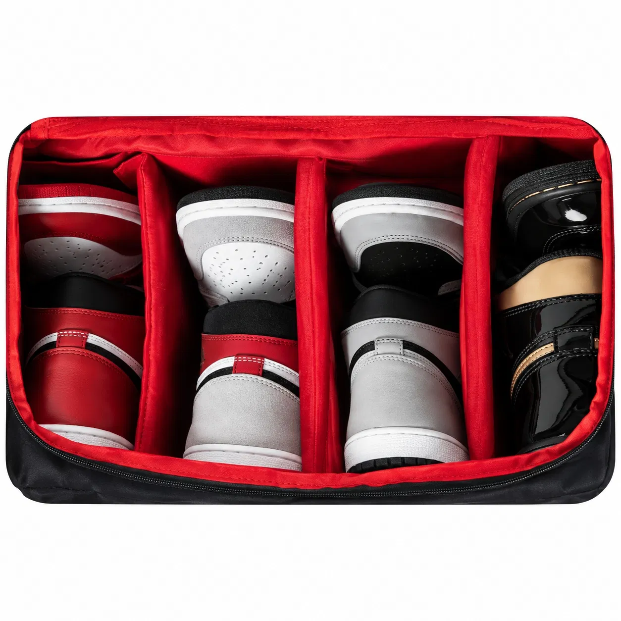 Black Sneaker Duffel Bag with Removable Dividers and Red Lining
