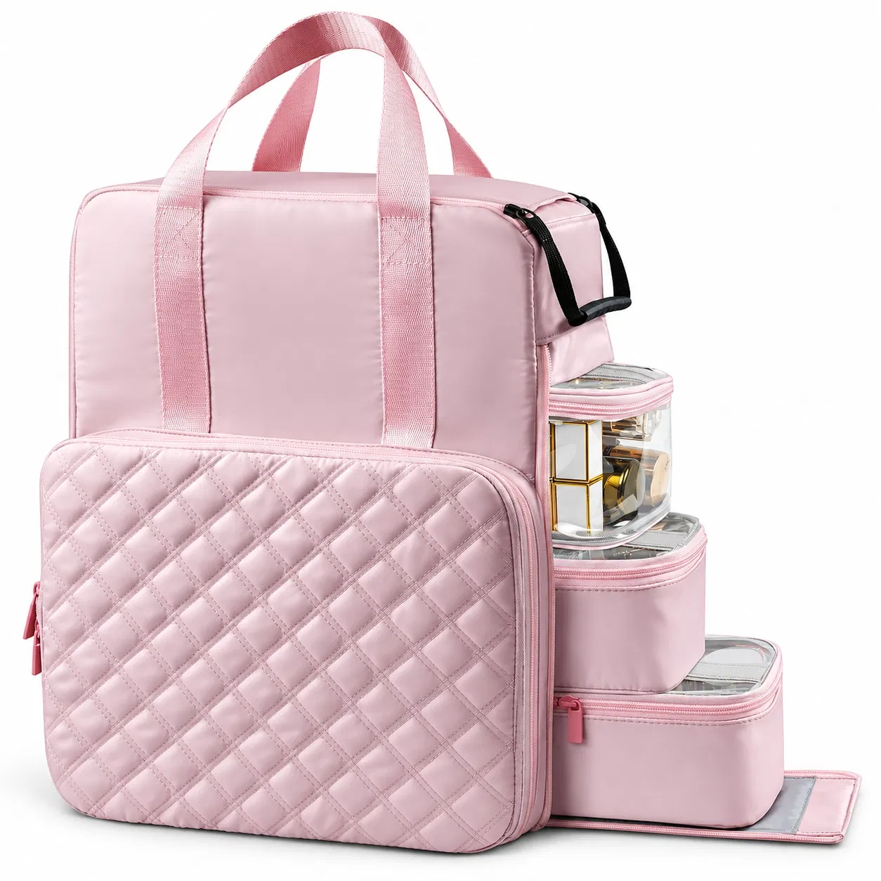 Custom Pink Makeup Artist Backpack with Brush Organizer and Removable Pouches