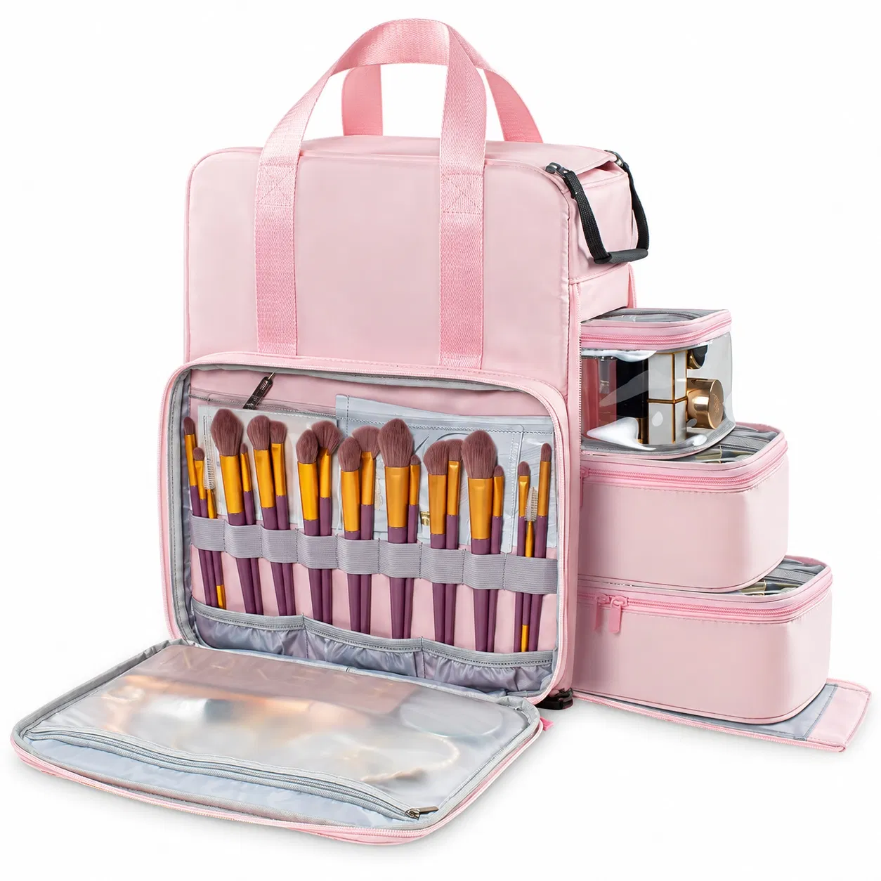 Custom Pink Makeup Artist Backpack with Brush Organizer and Removable Pouches