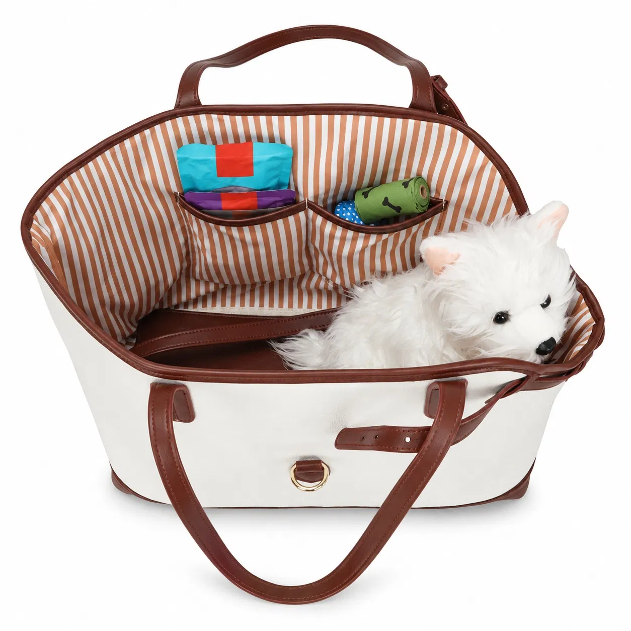 Cream Polyester Pet Carrier Tote with Brown Trim and Side Opening
