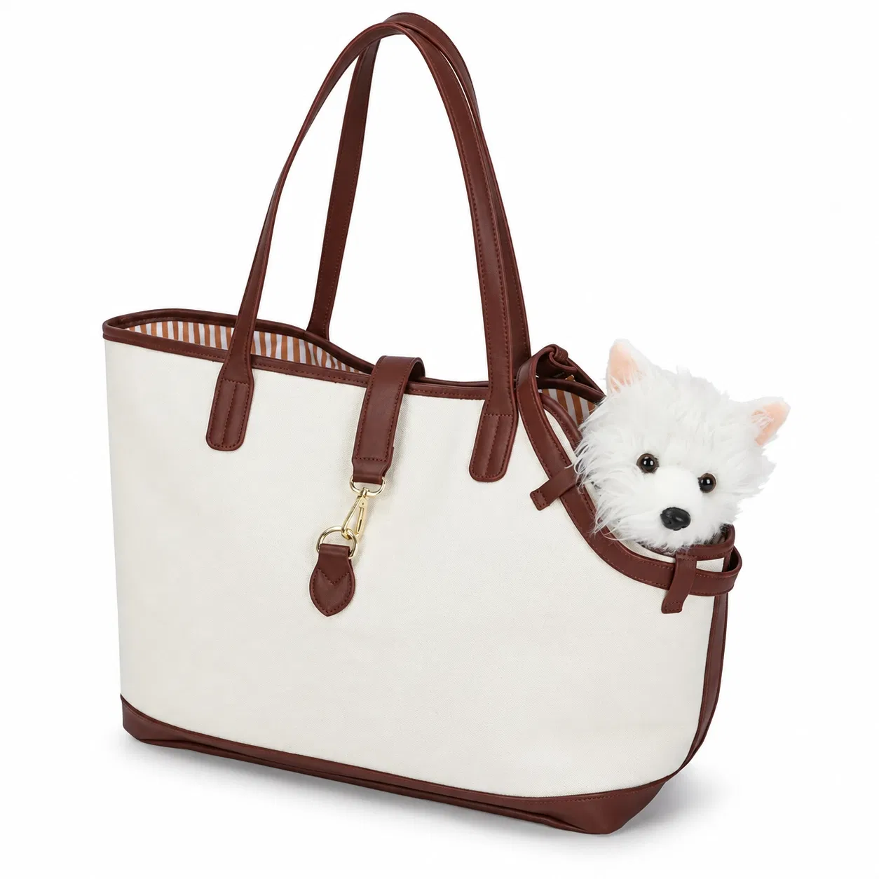 Cream Polyester Pet Carrier Tote with Brown Trim and Side Opening