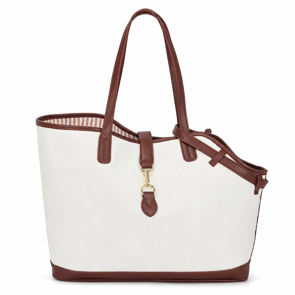 Cream Polyester Pet Carrier Tote with Brown Trim and Side Opening
