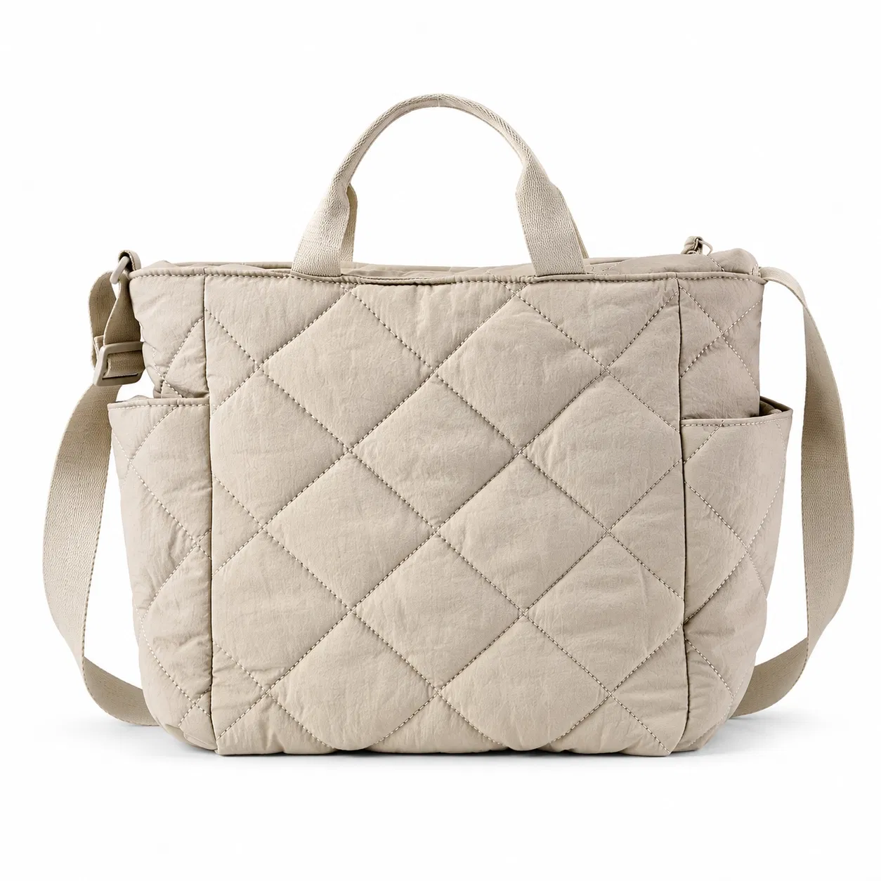 Custom Quilted Nylon Tote Bag with Side Pockets and Adjustable Shoulder Strap
