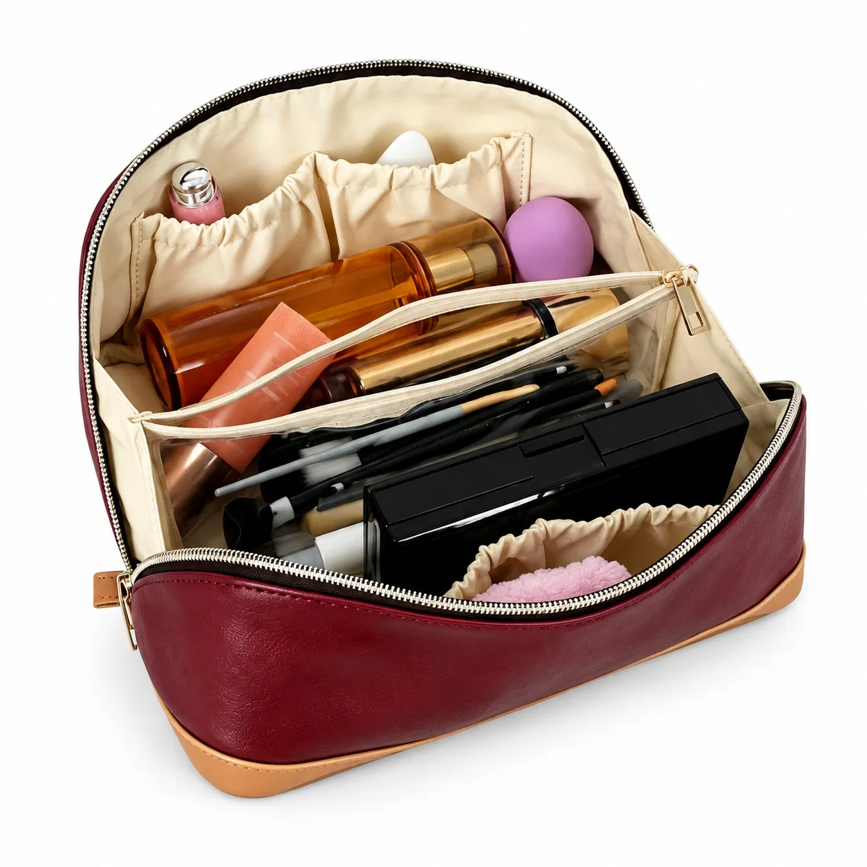 Custom PU Cosmetic Bag with Wide Opening and Clear Zipper Divider