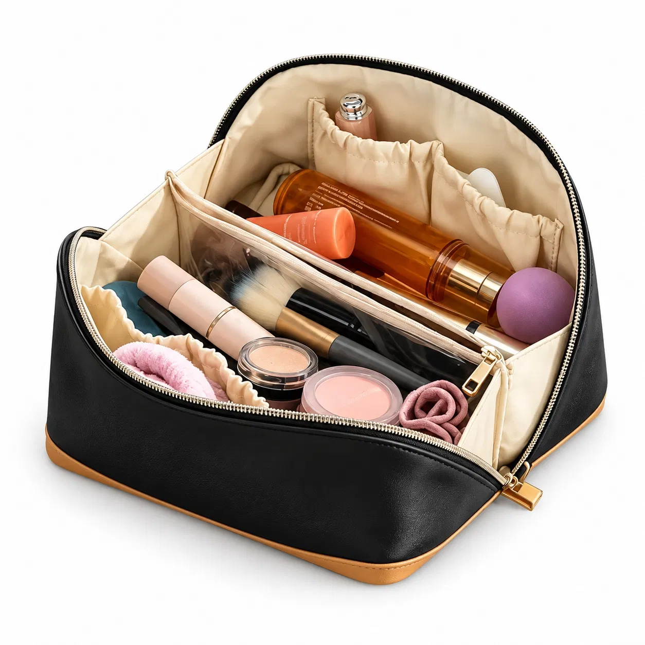 Custom PU Cosmetic Bag with Wide Opening and Clear Zipper Divider